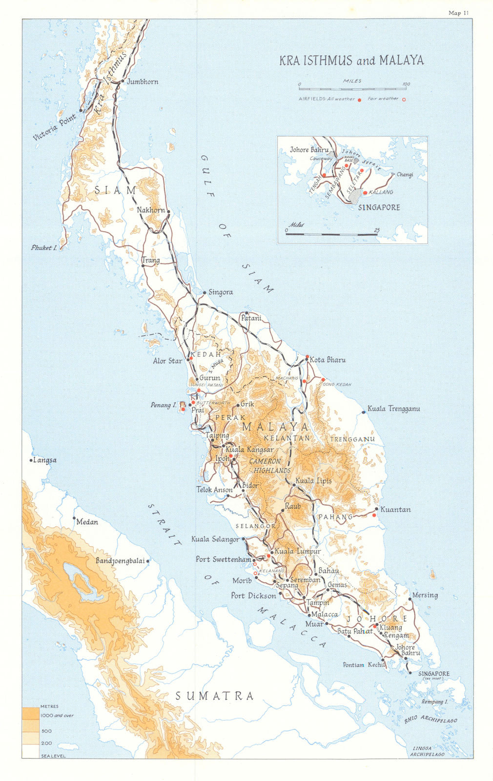 Kra Isthmus, Malaya & Singapore 1945. Airfields. World War Two 1969 old map